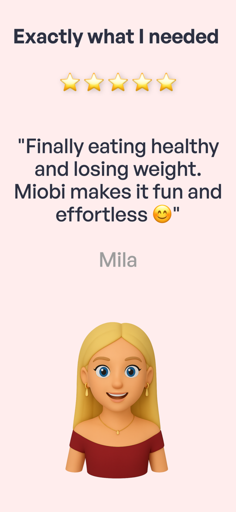 Miobi: AI Calorie Tracker - Five star user testimonial for Miobi AI Calorie Tracker featuring a female avatar and a review from Mila about weight loss success.
