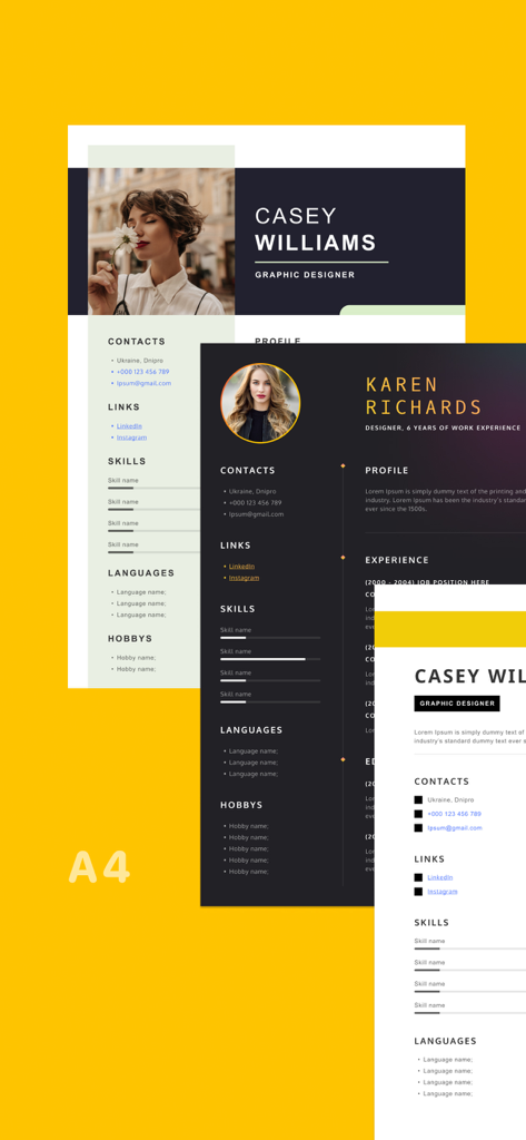 CVHubアプリからのA4形式の3つのプロフェッショナルな履歴書テンプレート。