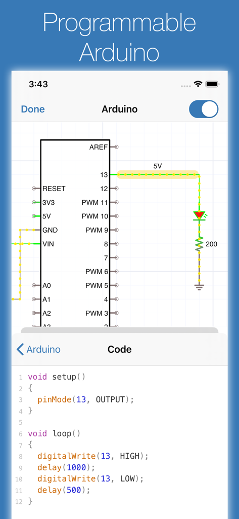 Interfaz de la aplicación iCircuit que muestra un esquema de circuito de Arduino y su editor de código C correspondiente