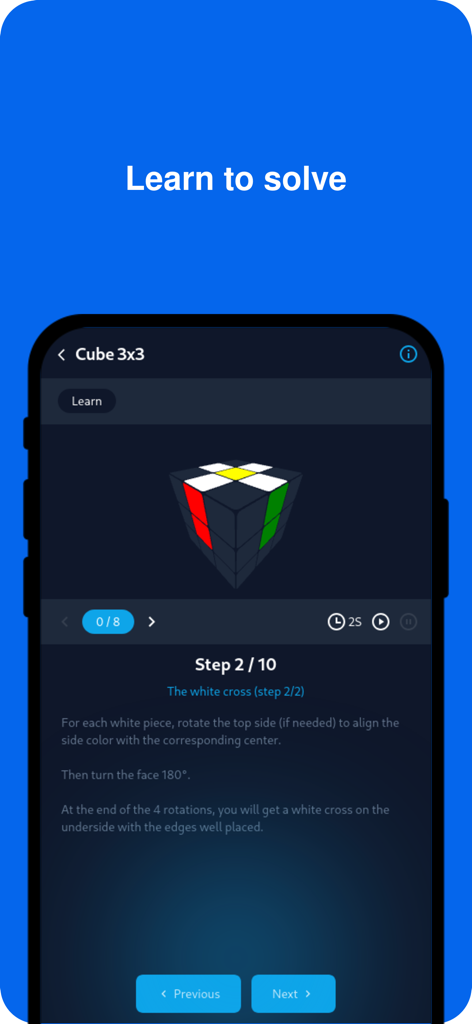 Tutorial 3D paso a paso en Cube Solver 3D que muestra cómo resolver la cruz blanca de un cubo 3x3.