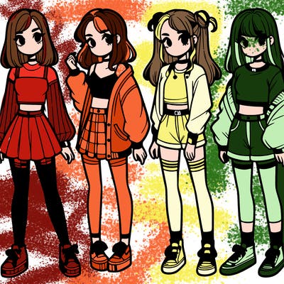 one girl with crop-top shirt and a jacket with a skirt, long socks and another girl with a shirt and pants with a jacket
