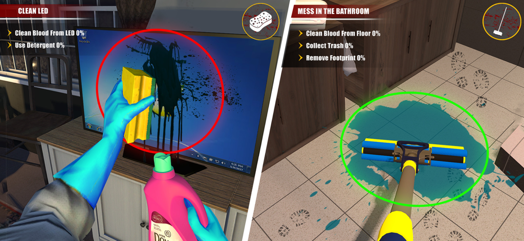 Criminal Scene Cleaner Game - Una pantalla dividida que muestra la jugabilidad en primera persona de limpiar una pantalla de televisión y fregar el suelo de un baño en el juego Criminal Scene Cleaner.