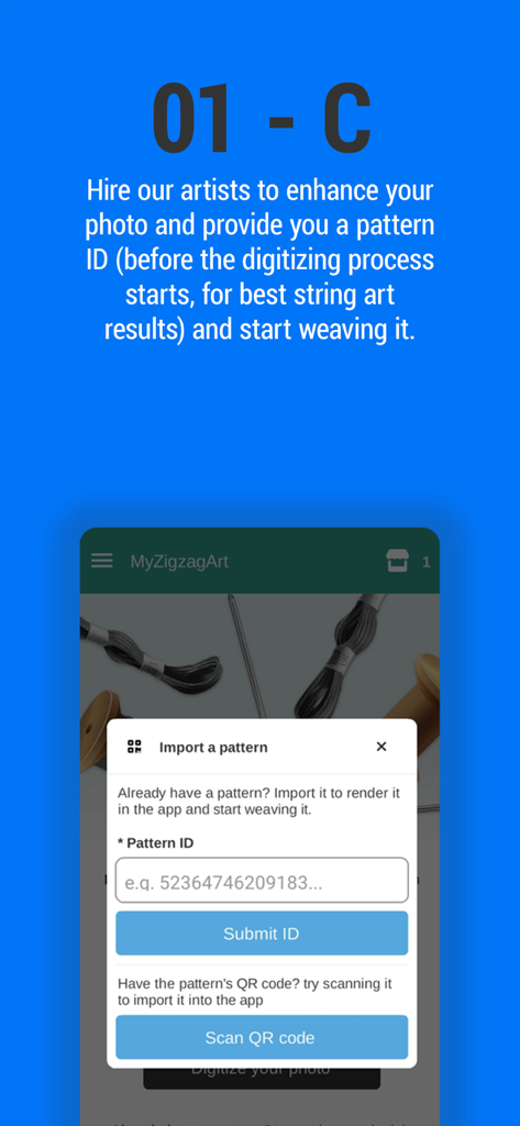 String Art DIY - Screen for importing a string art pattern by entering a Pattern ID or scanning a QR code
