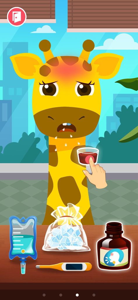 A sick giraffe with a fever receiving medical treatment in the Doctor Games for kids app.