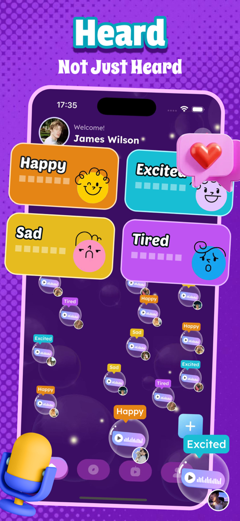 MetaChat - Adult，Voice Social - MetaChat app screen showing voice moments categorized by moods including happy excited sad and tired
