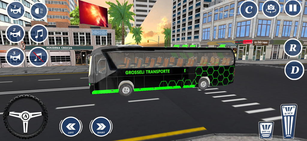 Coach Bus Simulator Bus Games - Un autocar de color negro y verde conduciendo por un entorno de ciudad moderna con controles de juego visibles
