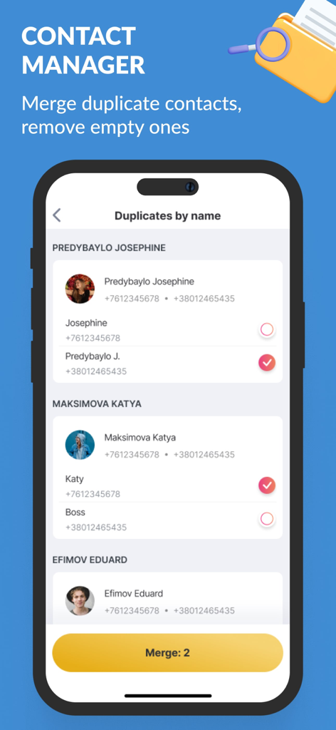 Cleaner Pro - Cleanup - Interface of Cleaner Pro app showing the contact manager feature for merging duplicate contacts