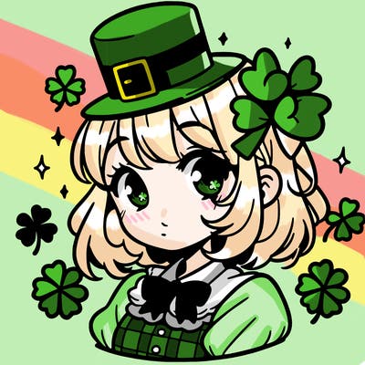 a manga-style girl with clovers around her, a little hat in her hair, like it's saint patrick's day