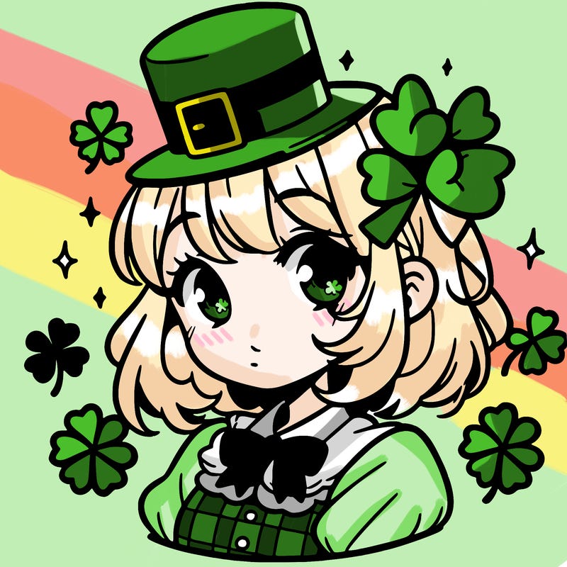 a manga-style girl with clovers around her, a little hat in her hair, like it's saint patrick's day