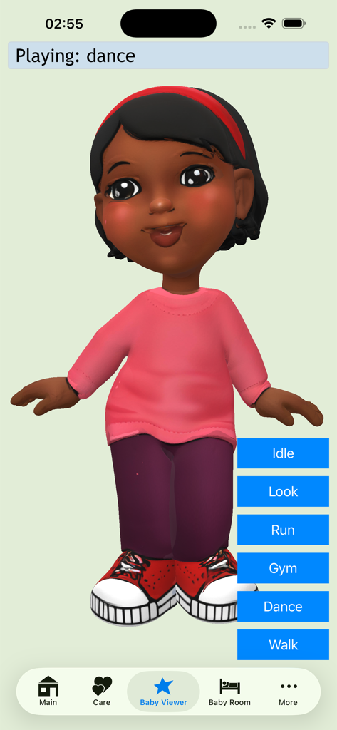 Baby Adopter Holidays - A 3D animated baby girl character performing a dance in the Baby Viewer section of the app.