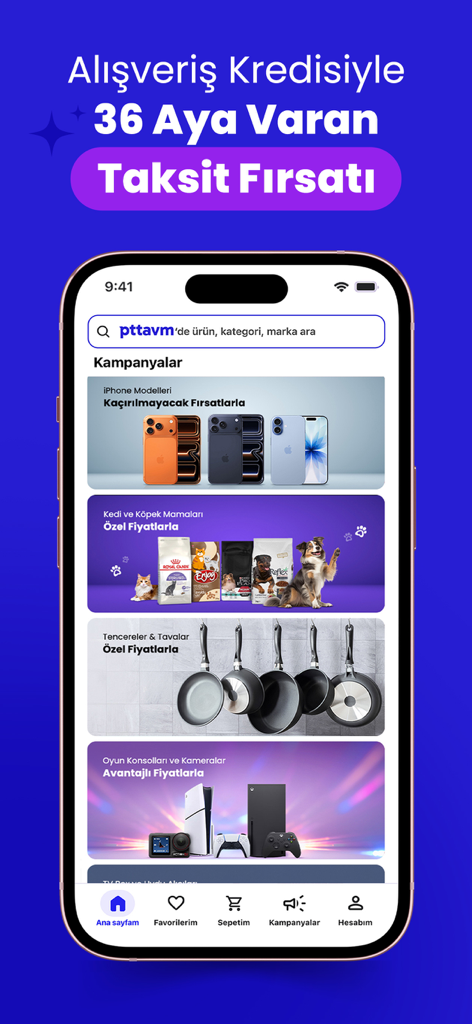 PttAVM - Güvenli Alışveriş - PttAVM mobile app home screen showing shopping campaigns and various product categories in Turkish.