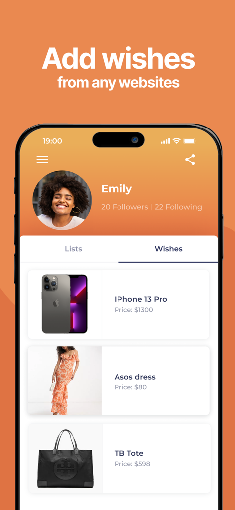 Wishlist Maker - Listery - Listery app interface showing a user profile and a wishlist of items including a smartphone, a dress, and a handbag.