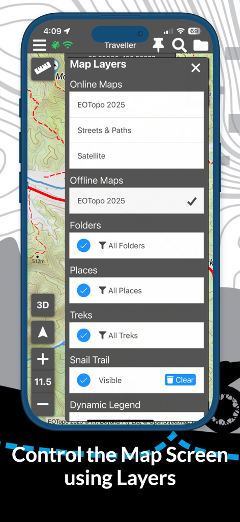 ExplorOz Traveller - ExplorOz Traveller app map layers menu with offline topo maps selection