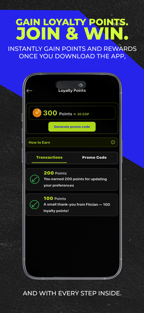 FitClan: Your Fitness Hub - Mobile screen of FitClan app showing loyalty points balance and reward transactions