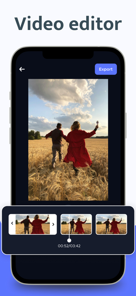 Video Downloader: Status Saver - Tela de aplicativo móvel mostrando o recurso de editor de vídeo com uma linha do tempo para cortar um vídeo de um casal correndo por um campo de trigo