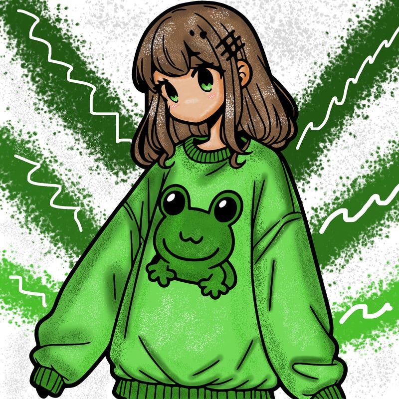 girl wearing frogging sweatshirt