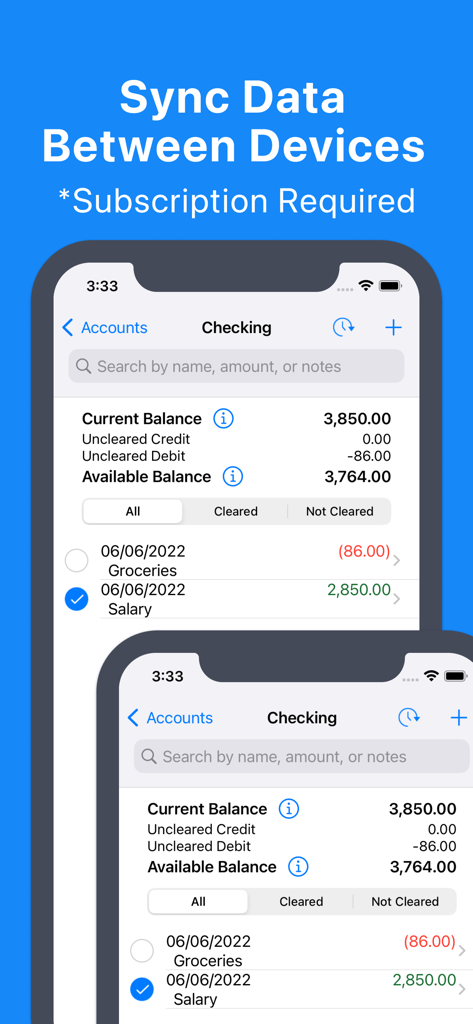 Balance My Checkbook - Checking account balance app showing data syncing between multiple devices
