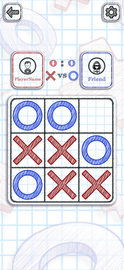 Una captura de pantalla móvil que muestra una partida de Tic Tac Toe de 3x3 en curso sobre un fondo de cuadrícula estilo cuaderno entre dos jugadores.