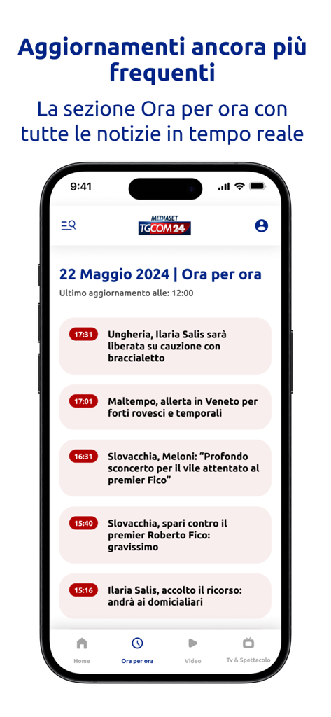 TGCOM24 - TGCOM24 app interface showing the Ora per ora real time news feed with chronological updates
