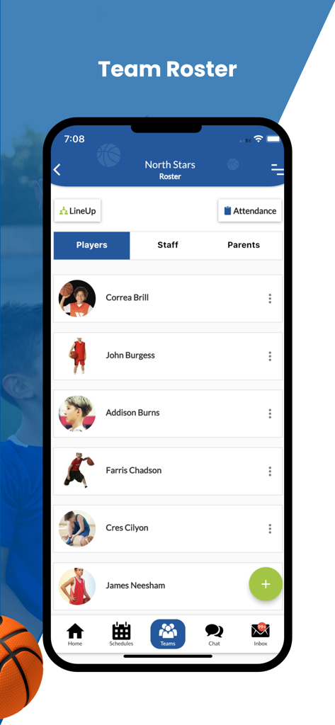 SportsPlus - SportsPlus app team roster interface showing player names and photos for the North Stars team