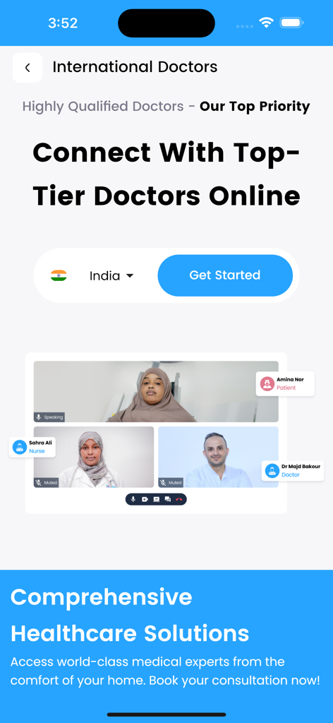 Baano - Baano app interface showing options to connect with international doctors for online video consultations.