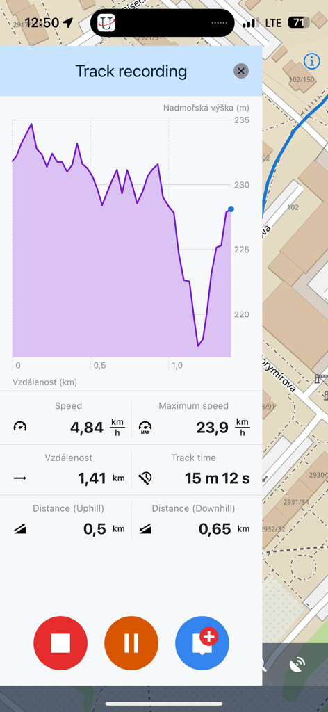 Locus Map Lite - Locus Map Lite track recording screen with elevation graph and speed stats