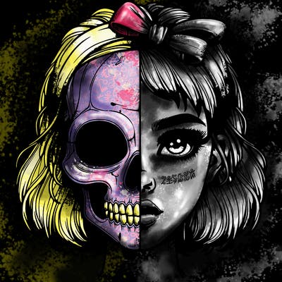 realistic girl with half skull mask