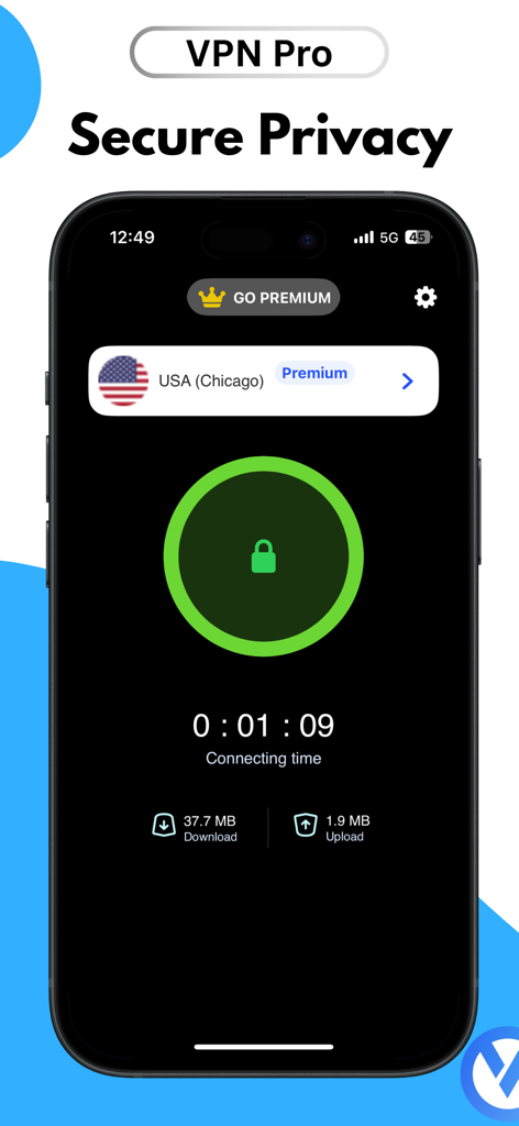 VPN Pro mobile app interface showing a secure connection to a premium server in Chicago with data speed statistics