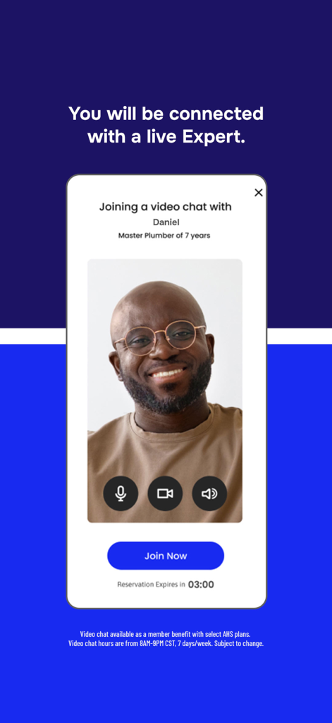 Interface of the American Home Shield app showing a video chat request with a live plumbing expert