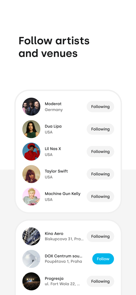 Interface de l'application GoOut montrant des listes d'artistes musicaux et de lieux culturels suivis