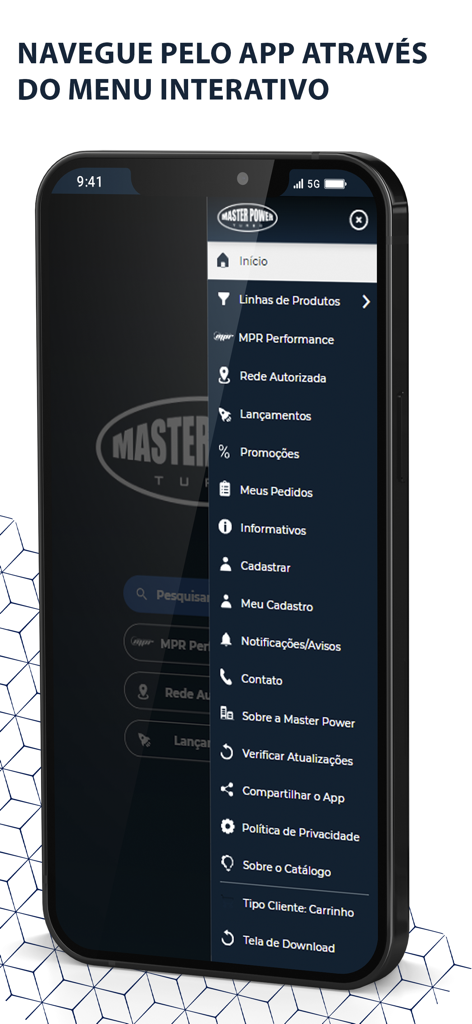 Master Power - Catálogo - Menu de navegação interativo do aplicativo Master Power mostrando linhas de produtos e seções de performance