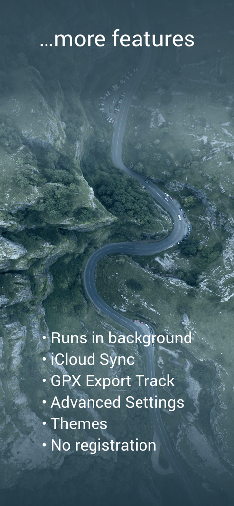 Curve Tracker for Motorbike - Liste der App-Funktionen einschließlich iCloud-Synchronisierung und GPX-Export über eine Luftaufnahme einer kurvigen Bergstraße.