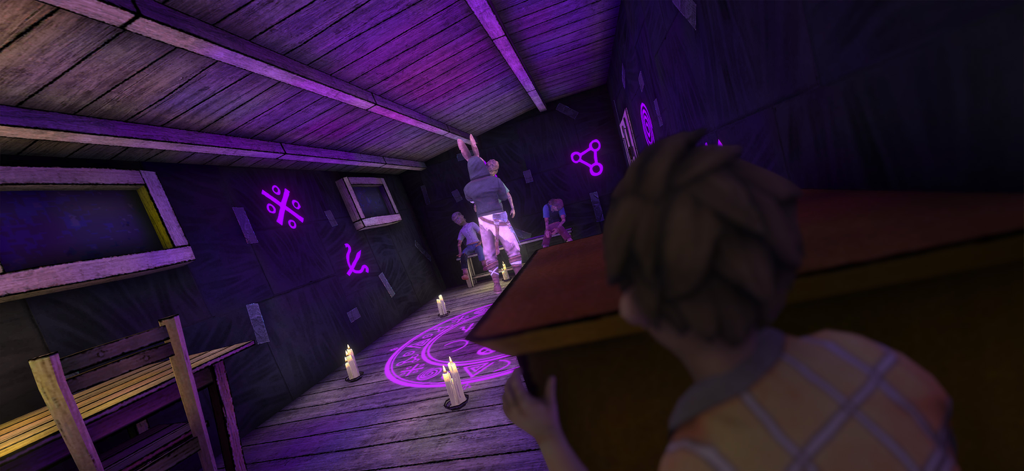 Horror Tale 1: Scary Kidnapper - A player character hiding behind a desk watching a kidnapper in a rabbit mask inside a dark room with a glowing purple ritual circle.