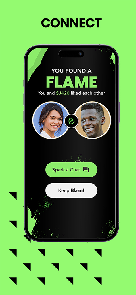 A mutual match notification screen on the Blazr app showing two profiles that liked each other