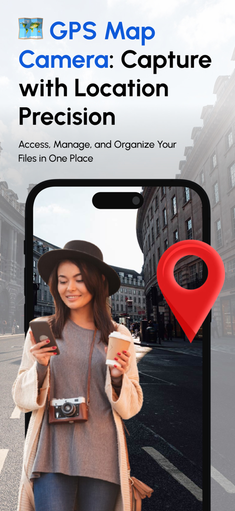 GPS Map Camera & Video Capture - GPS Map Camera app screen for capturing photos with location precision featuring a red map pin icon