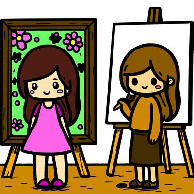 make a girl with a painting of her next to a painting of her next to a painting