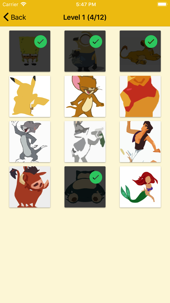 Mobile game screen showing a grid of cartoon character silhouettes to guess