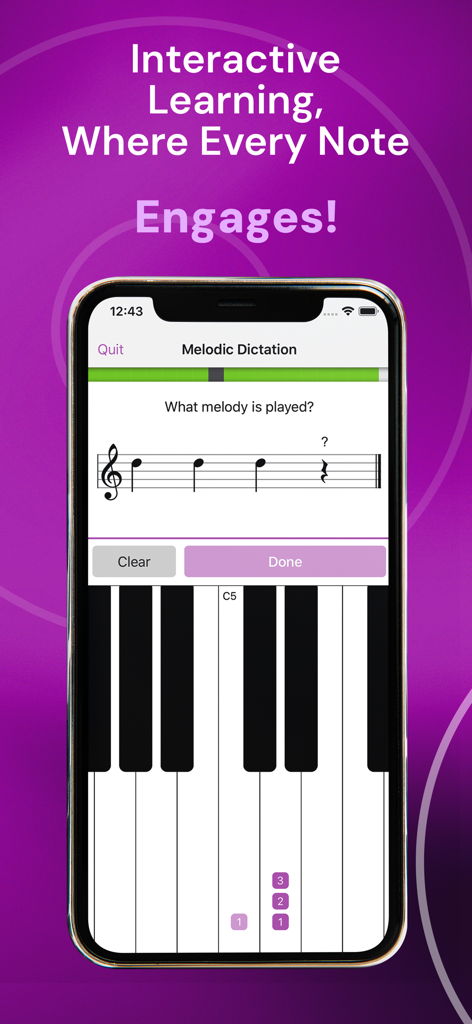 Interface de ditado melódico do aplicativo Earpeggio com pauta musical e teclado de piano