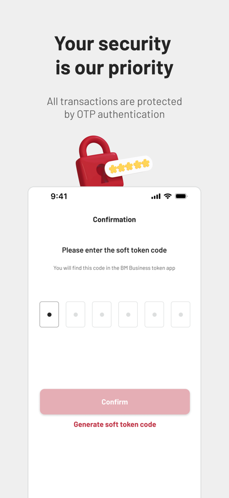 BM Online Business - Security confirmation screen of the BM Online Business app featuring OTP and soft token authentication