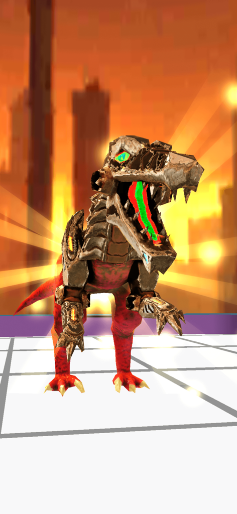 Dino Battle: Dinosaur games - Un poderoso guerrero T-Rex acorazado en 3D en una arena de batalla brillante