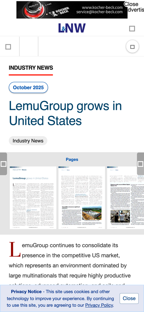 Screenshot of the Label and Narrow Web app featuring an industry news article about LemuGroup growth in the United States.