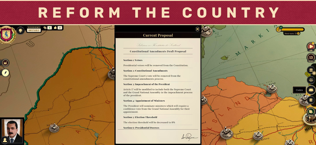 Suzerain - Pantalla de propuesta de borrador de enmiendas constitucionales en el juego simulador político Suzerain