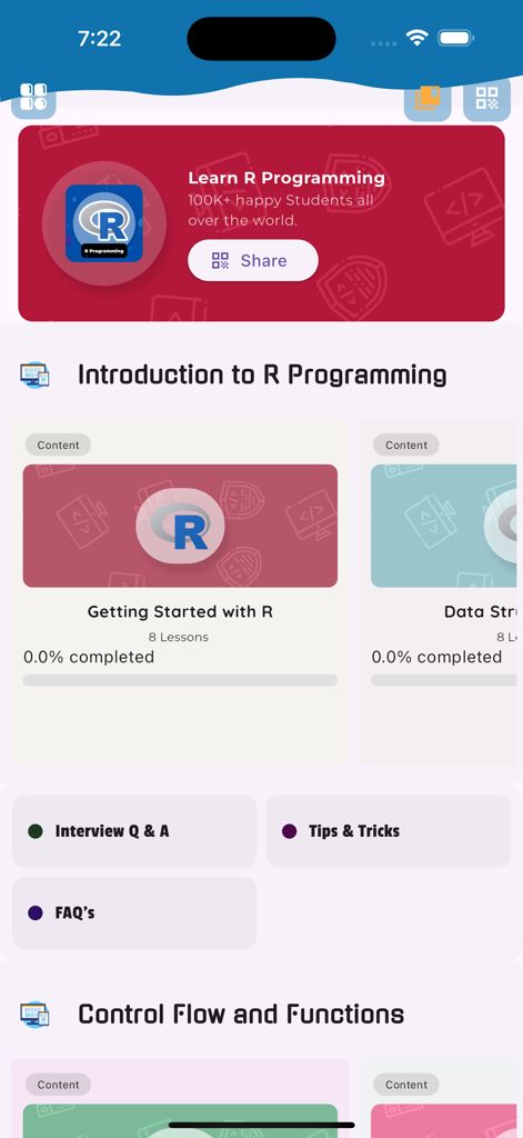 Learn R Programming [PRO] - Main dashboard of the Learn R Programming PRO app showing course modules and interview resources