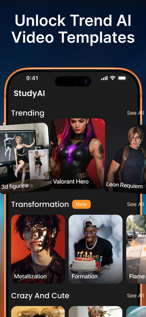 Pixverse AI Video Generator - Écran mobile présentant des modèles de génération vidéo IA tendance et des effets artistiques.