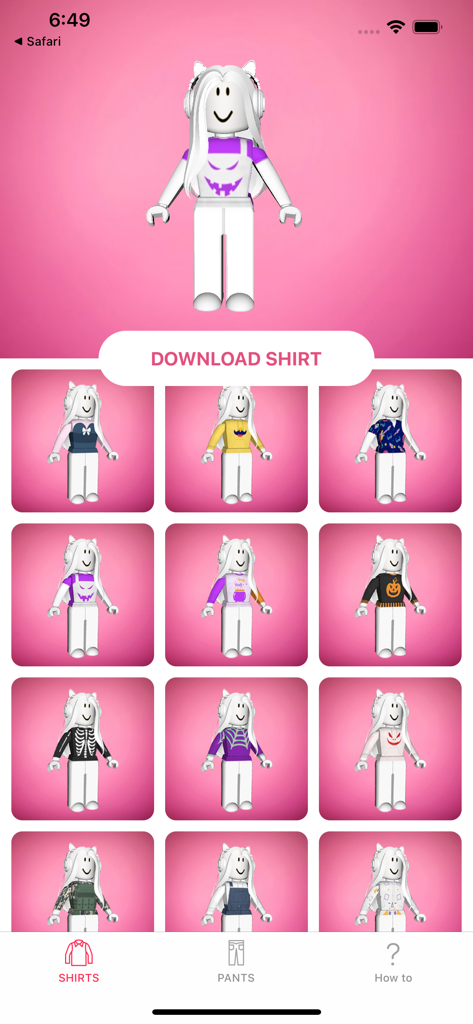 Girl Skins & Clothes Avatars - Uma coleção de designs de camisas estilosas para avatares de meninas do Roblox em um catálogo de aplicativo móvel.