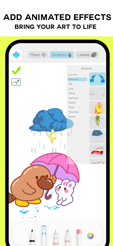 Drawing Vibe: Learn to draw - A digital illustration of a platypus and rabbit under an umbrella with animated rain and lightning effects in the Drawing Vibe app.