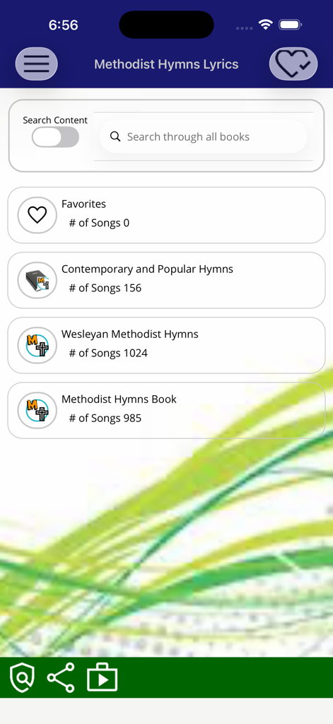 Main screen of the Methodist Hymn Lyrics app showing different hymn book categories and search bar.