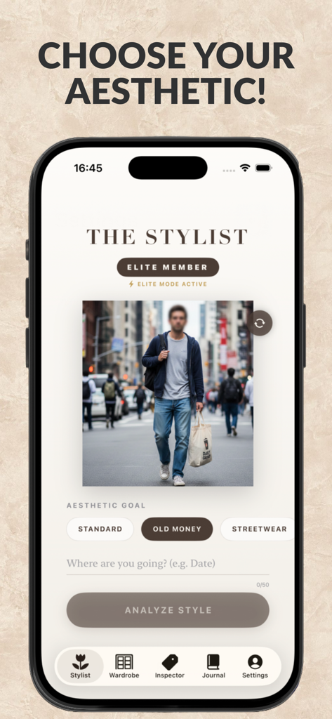The Stylist - AI Outfit Critic - Interfaz de la aplicación The Stylist que muestra la selección de objetivos estéticos para el análisis de atuendos de IA
