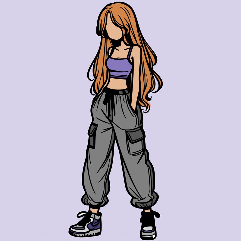 girl in baggy pants crop top and long hair