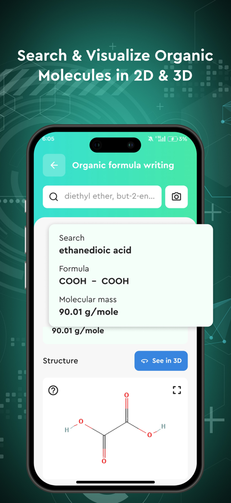 Chemify: AI Chemistry helper - エタン二酸の有機分子検索結果（式、分子量、2D構造の視覚化を含む）を表示するモバイルアプリのスクリーンショット。